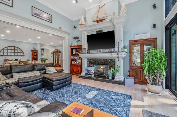 Fireplace, Interior, Living room, Recessed Lighting, Wood Texture Flooring
