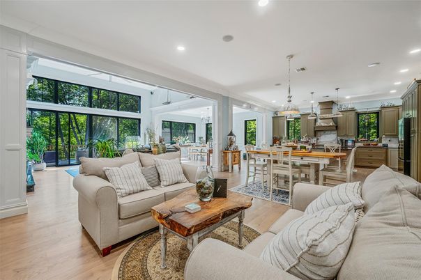 Dining room, Interior, Kitchen, Living room, Pendant Lights, Recessed Lighting, Wood Texture Flooring