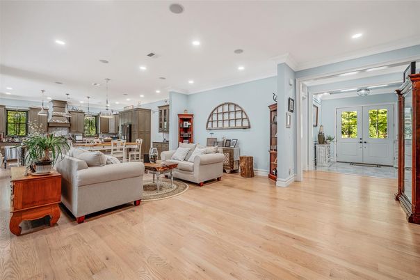 Interior, Kitchen, Living room, Pendant Lights, Recessed Lighting, Wood Texture Flooring