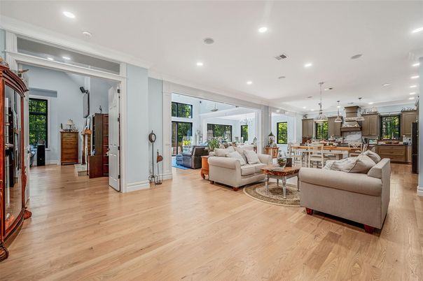 Interior, Kitchen, Living room, Pendant Lights, Recessed Lighting, Wood Texture Flooring
