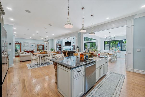 Dining room, Interior, Kitchen, Living room, Pendant Lights, Recessed Lighting, Wood Texture Flooring