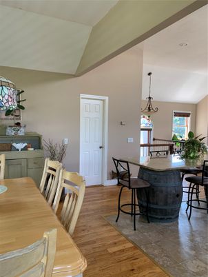 Dining room, Interior, Pendant Lights, Recessed Lighting, Wood Texture Flooring