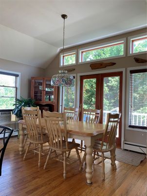 Dining room, Interior, Pendant Lights, Wood Texture Flooring