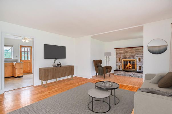Fireplace, Interior, Living room, Stone Walls, Wood Texture Flooring