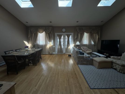 Dining room, Interior, Living room, Recessed Lighting, Wood Texture Flooring