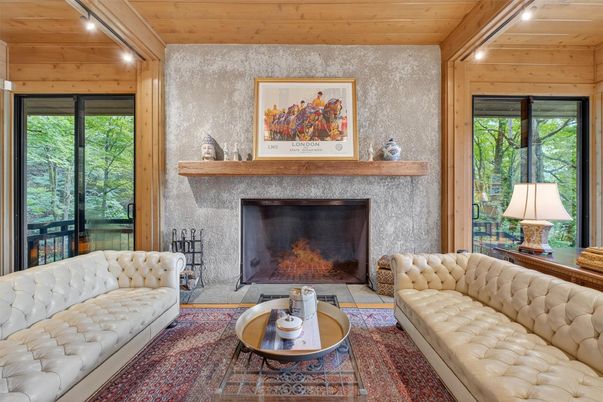 Fireplace, Interior, Living room, Recessed Lighting, Wooden Ceilings, Wooden Walls