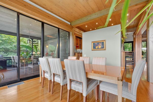 Dining room, Interior, Recessed Lighting, Wooden Beams, Wooden Ceilings, Wood Texture Flooring