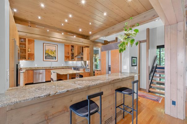 Interior, Kitchen, Recessed Lighting, Stainless Steel Appliances, Wooden Ceilings, Wood Texture Flooring