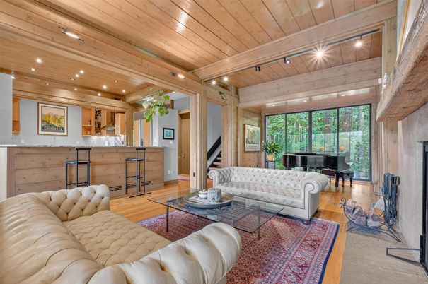 Interior, Living room, Piano, Recessed Lighting, Wooden Beams, Wooden Ceilings, Wood Texture Flooring, Wooden Walls