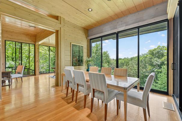 Dining room, Interior, Recessed Lighting, Wooden Ceilings, Wood Texture Flooring, Wooden Walls