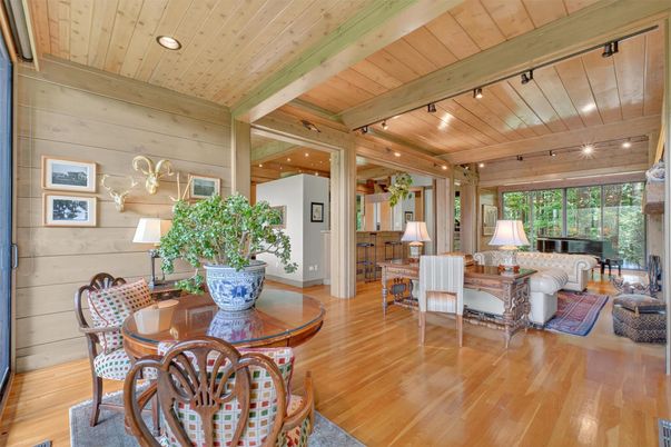 Dining room, Interior, Living room, Piano, Recessed Lighting, Wooden Beams, Wooden Ceilings, Wood Texture Flooring, Wooden Walls
