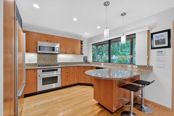 Interior, Kitchen, Pendant Lights, Recessed Lighting, Stainless Steel Appliances, Wood Texture Flooring