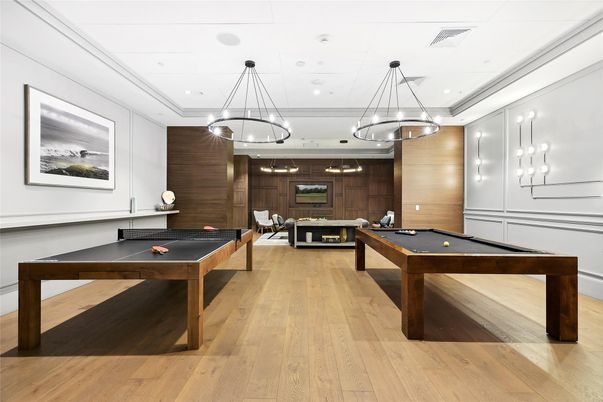 Billiard Table, Game Room, Interior, Pendant Lights, Recessed Lighting, Wood Texture Flooring, Wooden Walls
