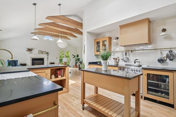 Fireplace, Interior, Kitchen, Pendant Lights, Wooden Beams, Wood Texture Flooring
