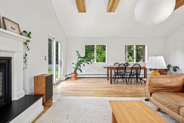 Dining room, Fireplace, Interior, Wood Texture Flooring