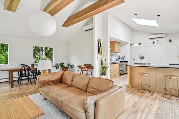 Dining room, Interior, Kitchen, Living room, Pendant Lights, Wooden Beams, Wood Texture Flooring