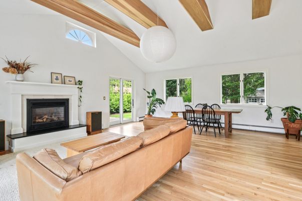 Dining room, Fireplace, Interior, Living room, Pendant Lights, Wooden Beams, Wood Texture Flooring