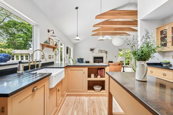 Fireplace, Interior, Kitchen, Pendant Lights, Wooden Beams, Wood Texture Flooring