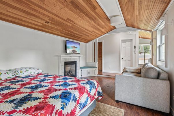 Bedroom, Fireplace, Interior, Wooden Ceilings, Wood Texture Flooring