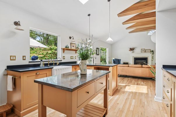 Fireplace, Interior, Kitchen, Living room, Pendant Lights, Wood Texture Flooring