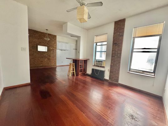Empty room, Interior, Kitchen, Pendant Lights, Stone Walls, Wood Texture Flooring