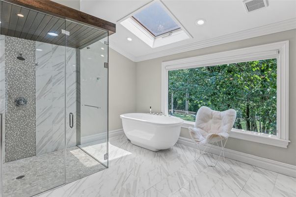 Bathroom, Free Standing Baths, Glass Shower, Interior, Marble, Marble Walls, Recessed Lighting