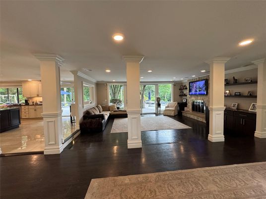 Fireplace, Interior, Kitchen, Living room, Recessed Lighting, Wood Texture Flooring