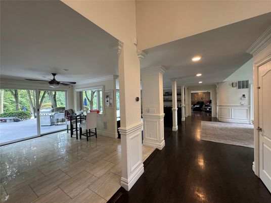 Dining room, Interior, Recessed Lighting, Wood Texture Flooring