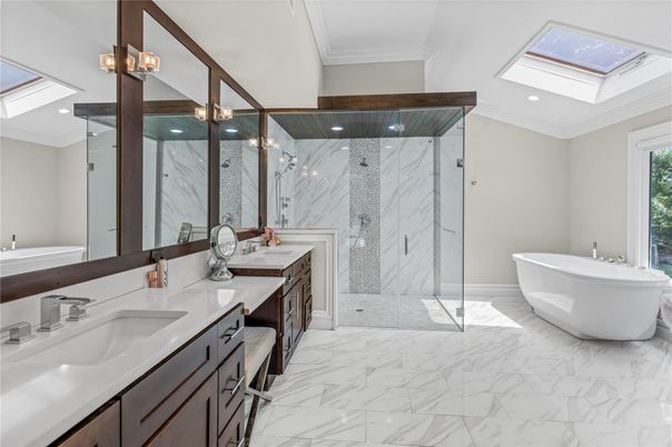 Bathroom, Dual Sink Vanities, Free Standing Baths, Glass Shower, Interior, Marble, Marble Walls, Recessed Lighting