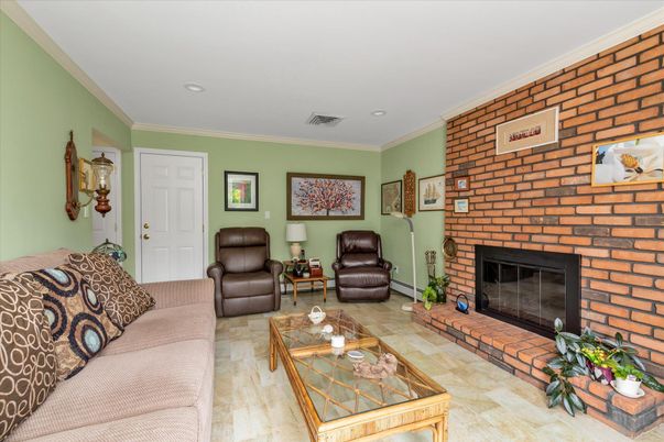 Fireplace, Interior, Living room, Recessed Lighting, Stone Walls