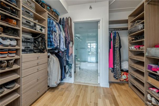 Bathroom, Glass Shower, Interior, Walk-in Closets, Wood Texture Flooring