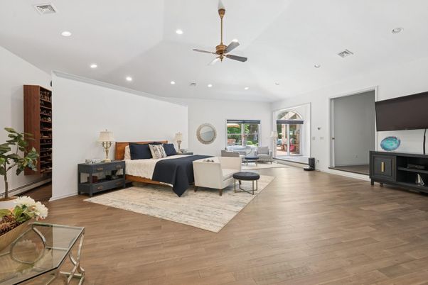 Bedroom, Fireplace, Interior, Living room, Recessed Lighting, Wood Texture Flooring