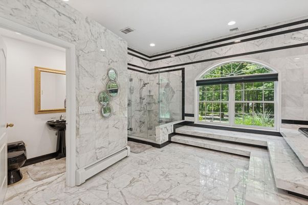 Bathroom, Glass Shower, Interior, Marble, Marble Walls, Recessed Lighting