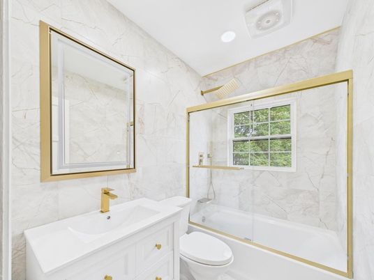 Bathroom, Glass Shower, Interior, Marble Walls, Recessed Lighting