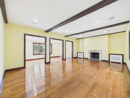Empty room, Fireplace, Interior, Recessed Lighting, Wooden Beams, Wood Texture Flooring