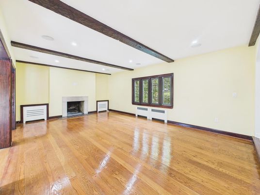 Empty room, Fireplace, Interior, Recessed Lighting, Wooden Beams, Wood Texture Flooring