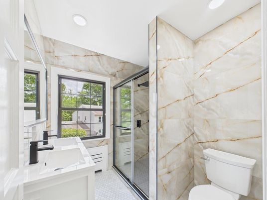 Bathroom, Glass Shower, Interior, Marble Walls, Recessed Lighting