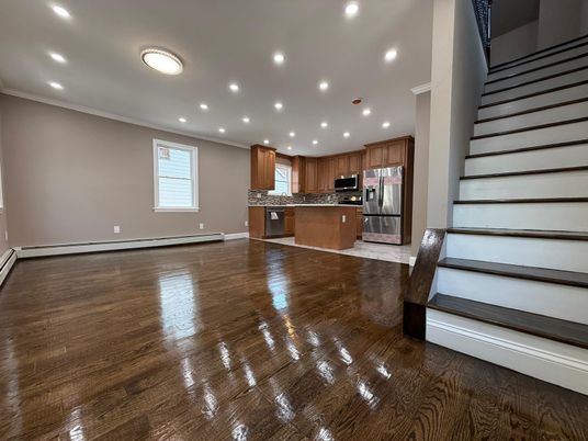 Interior, Kitchen, Recessed Lighting, Stainless Steel Appliances, Wood Texture Flooring