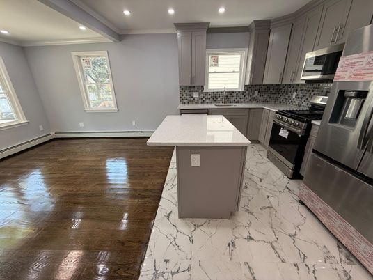 Interior, Kitchen, Marble, Recessed Lighting, Wood Texture Flooring