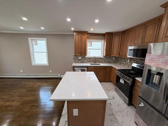 Interior, Kitchen, Marble, Recessed Lighting, Wood Texture Flooring