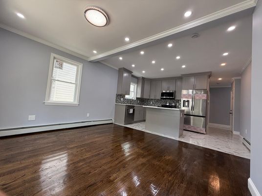 Interior, Kitchen, Recessed Lighting, Stainless Steel Appliances, Wood Texture Flooring