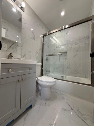 Bathroom, Glass Shower, Interior, Marble, Marble Walls, Recessed Lighting