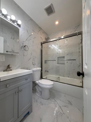 Bathroom, Glass Shower, Interior, Marble, Marble Walls, Recessed Lighting
