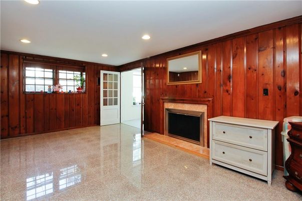 Empty room, Fireplace, Interior, Recessed Lighting, Wooden Walls