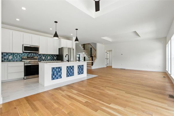 Interior, Kitchen, Pendant Lights, Recessed Lighting, Stainless Steel Appliances, Wood Texture Flooring