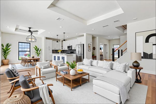 Dining room, Interior, Kitchen, Living room, Pendant Lights, Recessed Lighting, Stainless Steel Appliances, Wood Texture Flooring