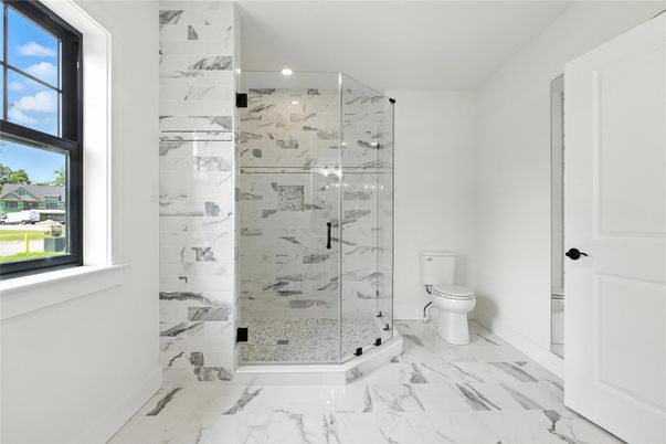 Bathroom, Glass Shower, Interior, Marble, Marble Walls, Recessed Lighting