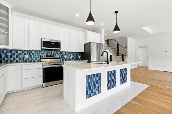 Interior, Kitchen, Pendant Lights, Recessed Lighting, Stainless Steel Appliances, Wood Texture Flooring
