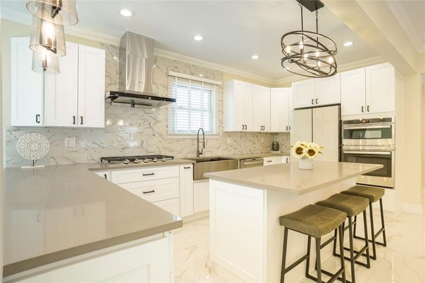 Interior, Kitchen, Marble, Marble Walls, Pendant Lights, Recessed Lighting, Stainless Steel Appliances