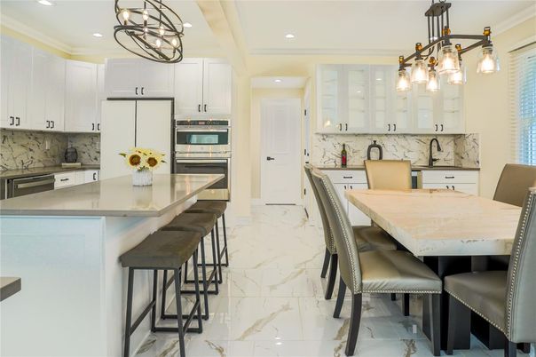 Dining room, Interior, Kitchen, Marble, Pendant Lights, Recessed Lighting, Stainless Steel Appliances